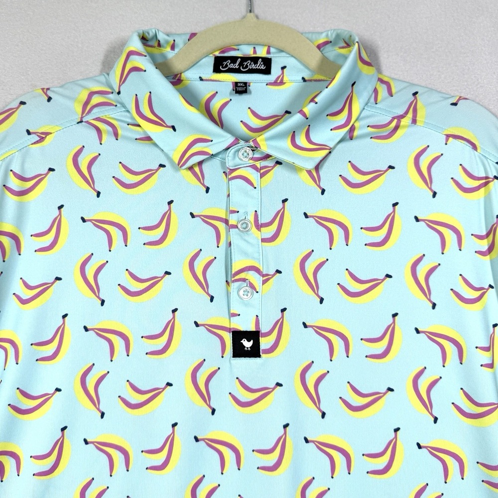 Bad Birdie Polo Shirt Men 3XL Banana Print Performance Stretch Golf Short Sleeve - Picture 2 of 10